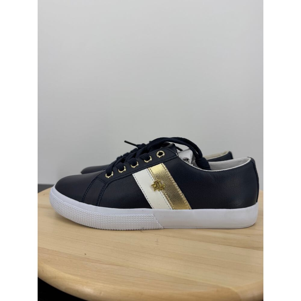 Ralph Lauren Womens Jason II Leather Sneakers Size 6 Navy Gold Logo Retro Preppy - Picture 2 of 9